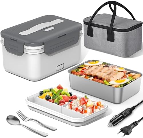 100 W Electric Lunch Box Adults, 3-in-1 12/24/220 V Thermal Lunch Box with Cutlery and Insulated Lunch Bag, Leak-Proof, 1.8 L Large Container, Lunch Box with Compartments for Car, Truck,