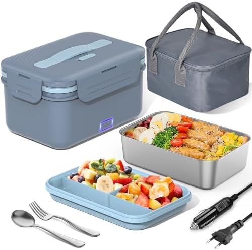 100 W Electric Lunch Box Adults, 3-in-1 12/24/220 V Thermal Lunch Box with Cutlery and Insulated Lunch Bag, Leak-Proof, 1.8 L Large Container, Lunch Box with Compartments for Car, Truck,