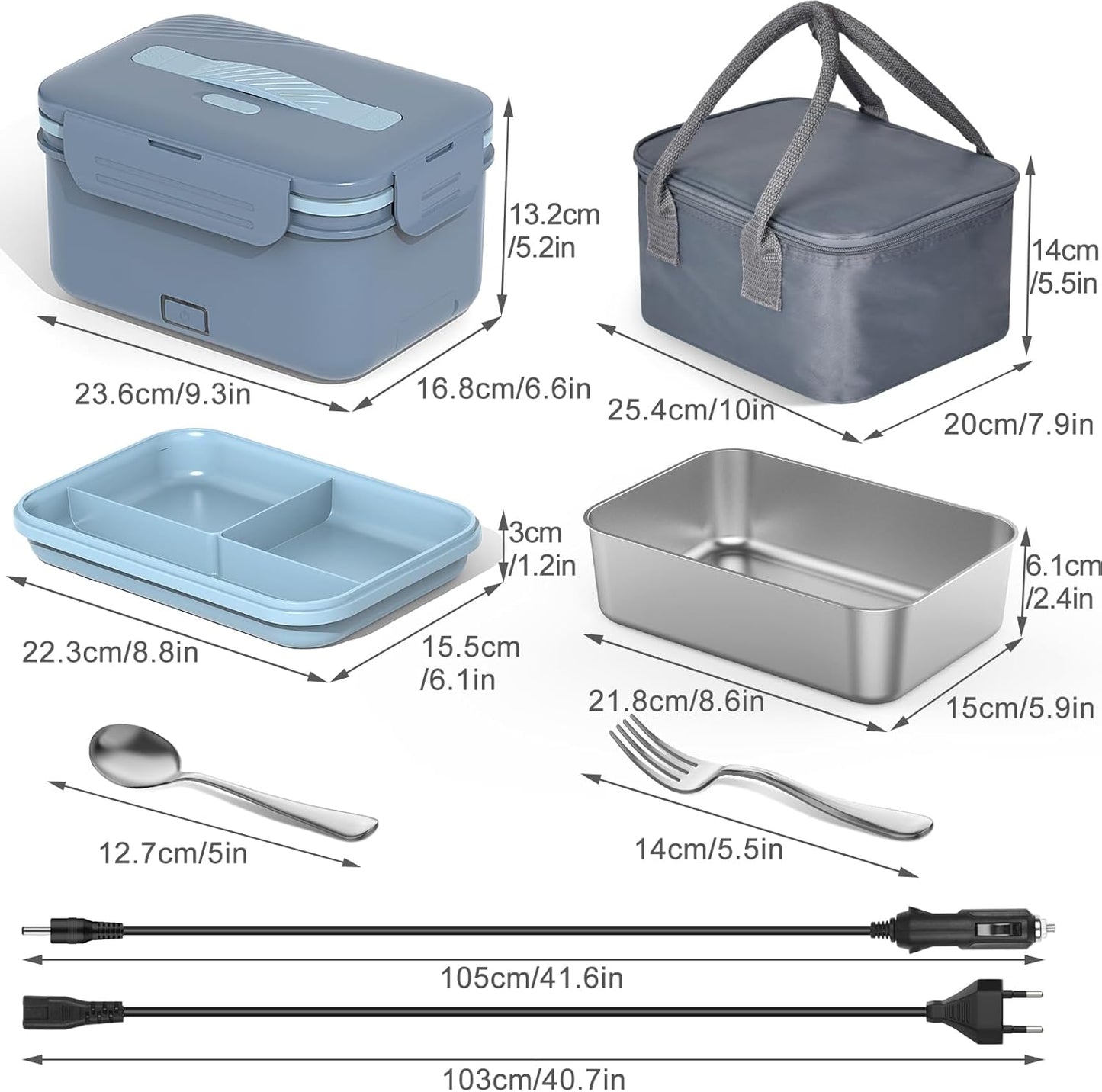 100 W Electric Lunch Box Adults, 3-in-1 12/24/220 V Thermal Lunch Box with Cutlery and Insulated Lunch Bag, Leak-Proof, 1.8 L Large Container, Lunch Box with Compartments for Car, Truck,