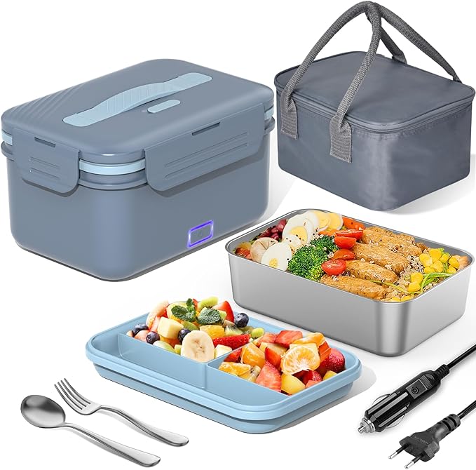 100 W Electric Lunch Box Adults, 3-in-1 12/24/220 V Thermal Lunch Box with Cutlery and Insulated Lunch Bag, Leak-Proof, 1.8 L Large Container, Lunch Box with Compartments for Car, Truck,